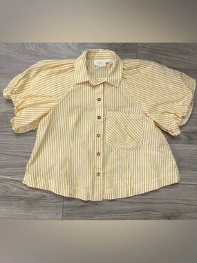 Anthropologie Maeve Zooey Yellow & White Striped Puff-Sleeve Button-Up Top